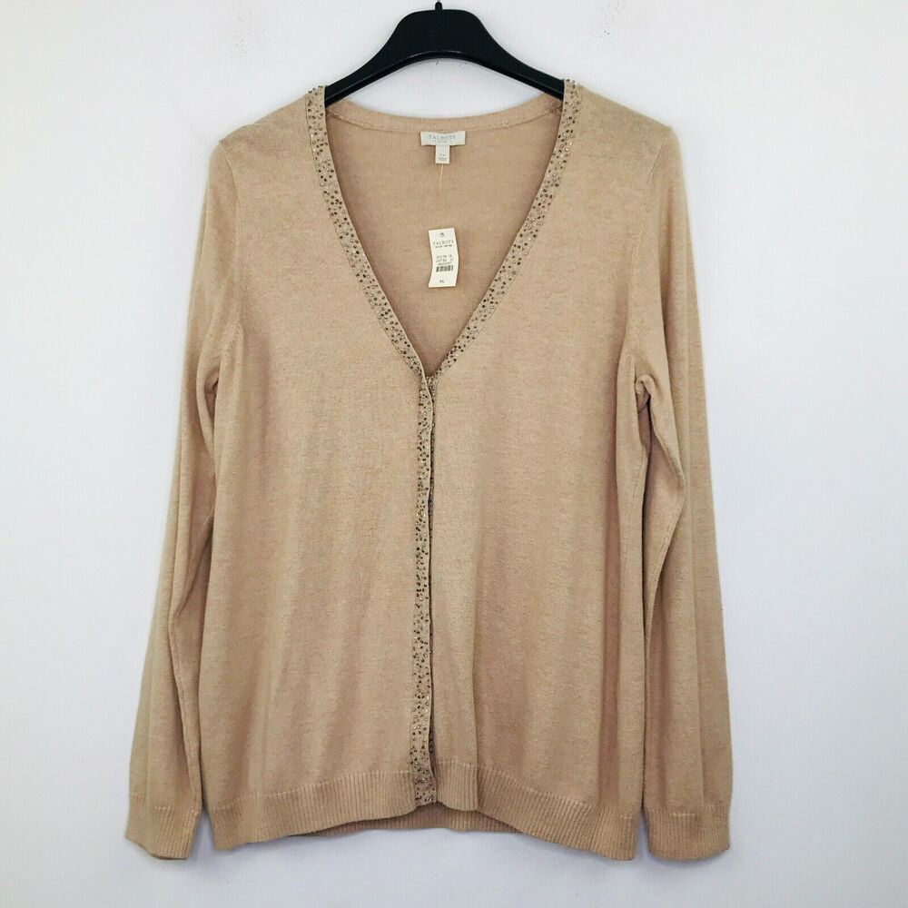 Talbots Women's LP Sweater Beige Beaded Plunge Neck Button Cardigan NWT BS10